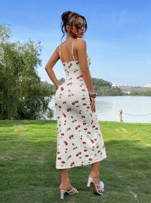 SHEIN EZwear Cherry Print Split Thigh Cami Maxi Summer Dress - Light Yellow - View 2