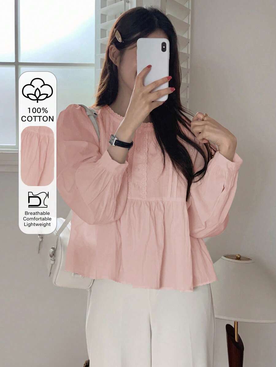 DAZY Blusa blanca de manga larga con encaje de contraste, primavera y otoño