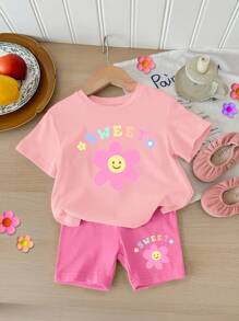 SHEIN Baby Girl Casual Simple Short Sleeve 2-Piece Set, Suitable For Spring And Summer - Multicolor - View 1