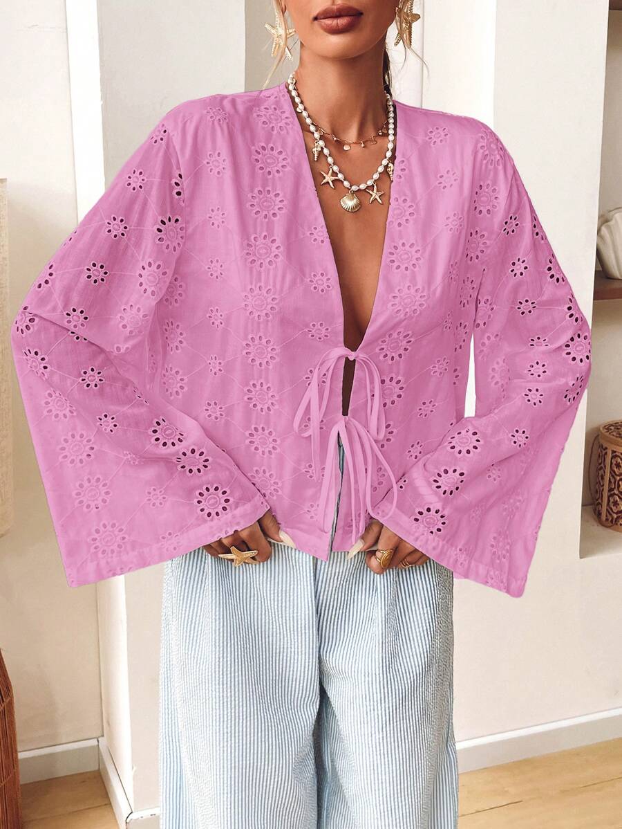 SHEIN VCAY Große Größen Lässige unifarbene Loose Fit Bluse aus Gewebe mit Langarm und Schleife Vorne für Frauen - Pink - Übersicht 1