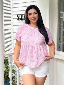 SHEIN EZwear 大码女式夏季休闲条纹蝴蝶结印花衬衫