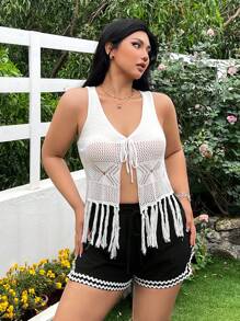 SHEIN EZwear Plus Size Vacation Casual Fringe Hem Hollow Knit Vest - White - View 5