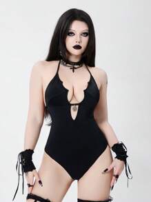 ROMWE Goth 女士性感蜘蛛镂空连体露背泳衣，适合休闲海滩度假派对节、万圣节 - 黑色 - 查看 4