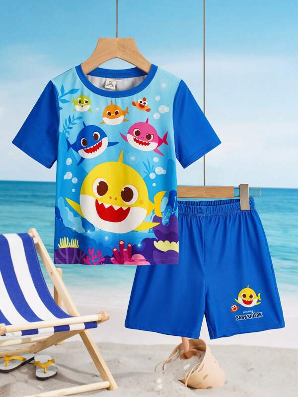 BABY SHARK X SHEIN Young Boy Cartoon Ocean World Blue Summer Beach Casual Short Sleeve T-Shirt And Shorts Set