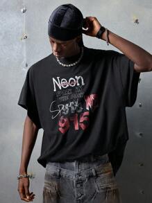 NEON BLANC Men's Street Fashion Knitted Salted Print Numbered Letter Top, Streetwear Inspired - Black - View 3