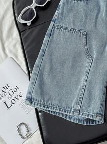 SHEIN سروال جينز كاجوال فضفاض بتصميم Y2k ذو قدم واسعة للأولاد المراهقين، بتصميم أزرق فاتح، ملابس أطفال مناسبة للبس اليومي وفصل الصيف والربيع