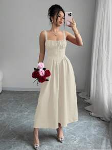 Women's Plain Red Maxi Dress For Summer 2025, Perfect For Valentine's Day Or Holidays, Featuring Ruffles At The Front, A Bow, An Asymmetrical Neckline, And A Slimmed Waist - 杏色 - 查看 4