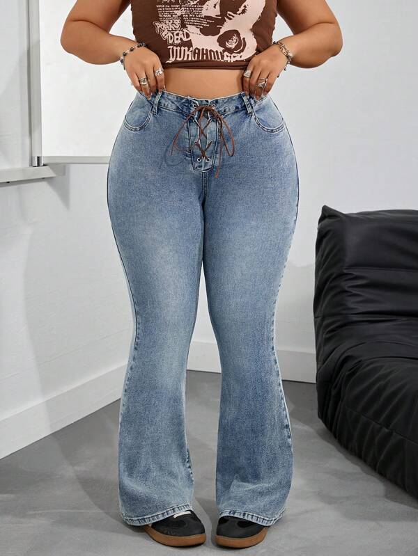 SHEIN ICON Plus Size Women Washed Tie-Up Skinny Flared Jeans