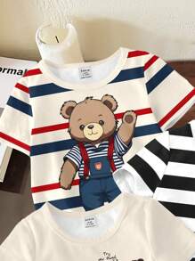 SHEIN 3pcs/Set Teddy Bears, Baby Boy Casual Minimalist Round Neck Short Sleeve Loose T-Shirt, Suitable For Summer