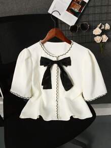 Chiquease Blusa de manga corta con moño y ribete de encaje en estilo francés elegante de Rafferiza, adecuada para primavera/verano/otoño/invierno, ropa de mujer para conciertos, elegante, vestidos de noche, apropiada para uso diario, commute, temporada de bodas/festivales de música