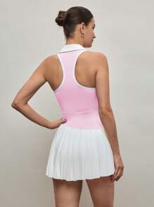 CourtClass 女士瑜伽服套装，包括无袖合身性感 Polo 领工字背健身休闲百褶裙，带口袋和短裤下装，适合户外、休闲通勤和运动穿着 - 粉色 - 查看 2