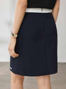 DAZY Women Summer Casual Fitted Colour Blocking Drawstring Tie Waist Decorated Letter Hem Short Straight Skirt - Navy Blue - View 5