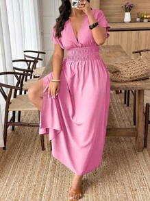 EMERY ROSE 大码休闲纯色深V领侧开衩连衣裙，节日风格 - 粉色 - 查看 3