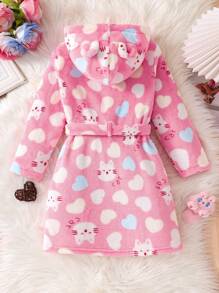 Young Girl Cute Knitted Flannel Multi-Color Heart Cat Ear Hooded Long Sleeve Open Front Belted Robe, Soft & Comfortable For Home Wear - Baby Pink - View 2