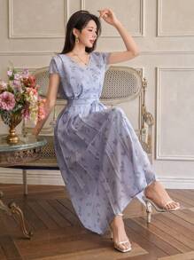 DAZY Completo da donna a due pezzi con motivo floreale per uso quotidiano - Blu - Visualizzare 7