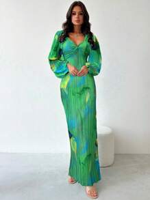 Firerie Women Tie Dye Pleated Lantern Sleeve Dress - Green - View 6