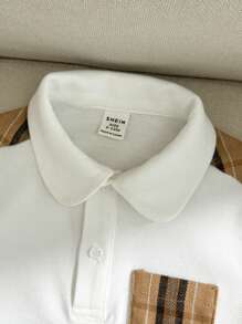 SHEIN 2 Stücke Baby Jungen/Mädchen Lässiges Preppy Karomuster Patchwork Poloshirt und khaki/schwarze karierte Shorts Set, geeignet für Geburtstags-Party, Taufe, 1. Geburtstagsfeier, Abendparty, Aufführung, Hochzeit und andere Anlässe