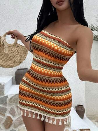 Sunnyshic Multi-Color European & American Sexy Lady Vibe Holiday Strapless Design Fitted Waist Fringe Hem Patchwork Dress