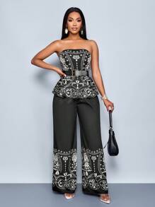 SOLERSUN Women's 2 Pieces Set Bohemian Style Apricot & Black Print Ruffle Hem Tube Top With Wide Leg Pants, Vacation Outfit - Black - View 4