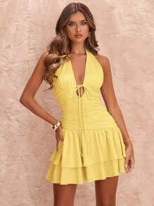 SHEIN BAE Women's Apricot Solid Color Sexy Deep V-Neck Halter Tight Fitted Ruched Asymmetric Ruffle Hem Mini Dress, Knit Dress, Resort Dress, Spring/Summer - Yellow - View 7