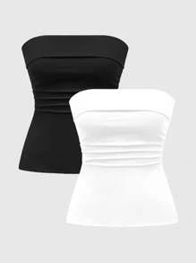 ROMWE Grunge Punk Bộ đồ nhiều mảnh gợi cảm, áo ống xẻ tà màu đen và trắng cho nữ - Đen và trắng - Xem 3