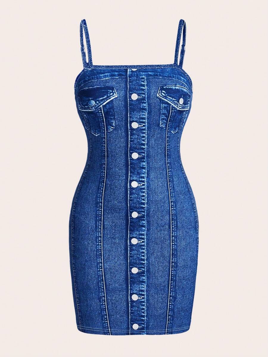 Siren Gaze 女士夏季数码牛仔印花吊带连衣裙 - 藍色 - 查看 1