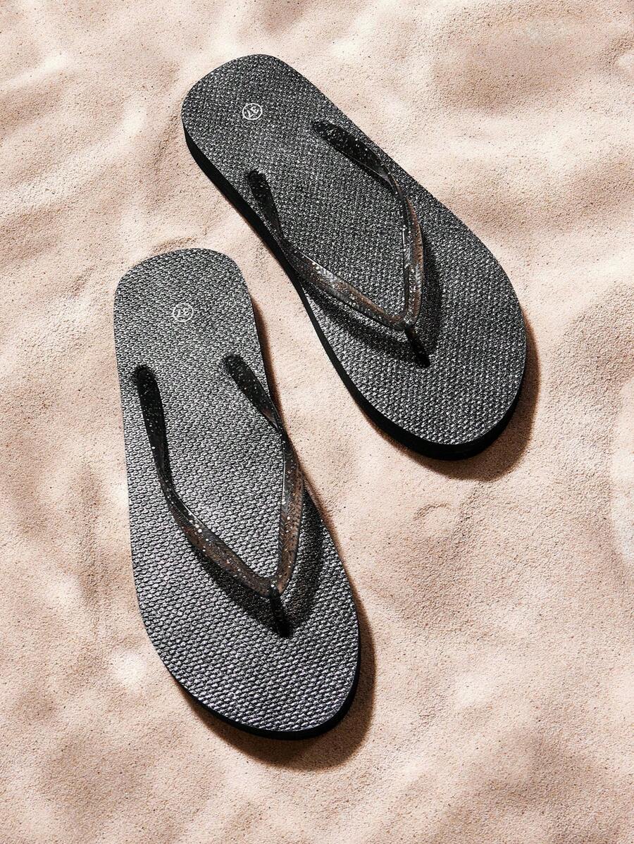 Grefit Women's Comfortable Casual Flip Flops Beach Thong Sandals, Slip-On Style, Lightweight & Comfortable, Non-Slip Suitable For Outdoor Walking, Street Fashion, Versatile Flat Slippers Indoor & Outdoor Wear Flip Flops Vacation Season Tropical Escape Solid Colors - Black - View 1