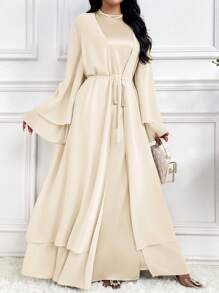 Al Najma 女士圆领长喇叭袖腰系带优雅长袍，朴素优雅的风格，适合日常休闲/工作/度假/晚会/婚礼宾客