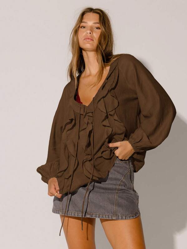 Aralina Winter/Fall Semi Sheer Ruffled V-Neck Long Sleeve Front Tie Blouse
