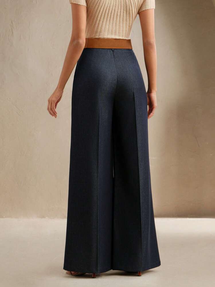 High Waist Wide Leg Solid Color Office/Casual Pants