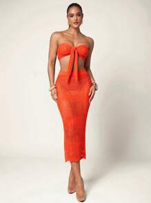 Silquee Women Solid Color High Waist Hollow Out Fitted Sweater Skirt - Orange - View 4