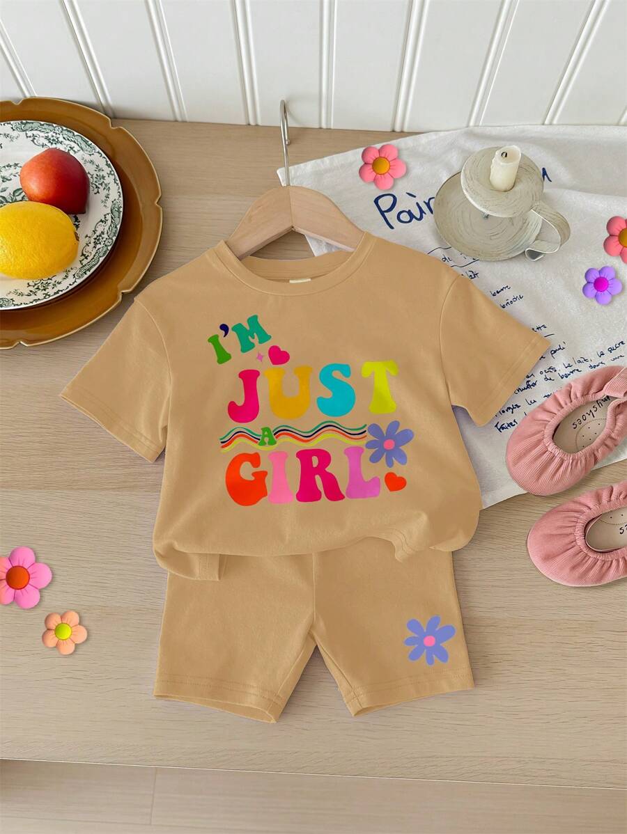 Baby Girl Casual Minimalist Short Sleeve Shorts Set, Suitable For Summer - Khaki - View 1
