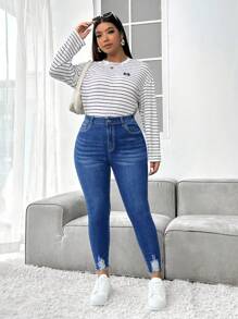 SHEIN ICON Plus Size Distressed Washed Slim Fit Denim Jeans - Medium Wash - View 5