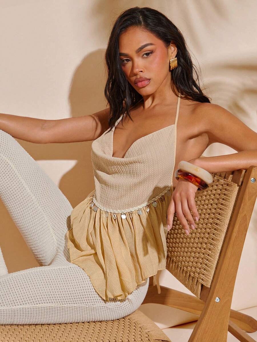 Hauture Damen sexy & eleganter Urlaubs-Strandmode Träger Top - Aprikosenfarben - Übersicht 1