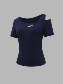 Camiseta de mujer de unicolor de verano con cuello asimétrico de moda