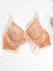 SHEIN 女士性感花卉刺绣网眼钢圈内衣文胸 - 珊瑚橙 - 查看 6