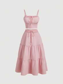 SHEIN MOD Plus Size Women Vintage Bohemian Maxi Dress & Romper 2 Pieces Set, Romantic Beach Wear - Baby Pink - View 1