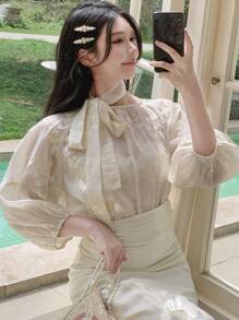 女士夏季圆领休闲优雅刺绣度假衬衫 - 杏色 - 查看 5