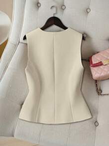 GlowEve 女式 V 领白色法式复古时尚修身短款背心，夏季 - 杏色 - 查看 2