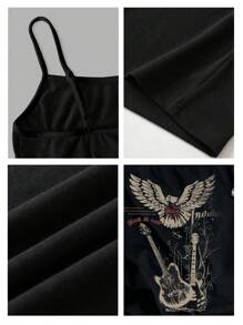 Tseoso Guitar & Eagle Pattern Soft & Comfortable Cotton Blend (95%) Sleeveless Tank Top, Fitted, Suitable For Spring & Summer, Retro Style Back To School - Black - View 3