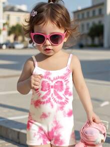 SHEIN Cute Ballet Style Pink Tie-Dye Bow Pattern, Baby Girl Casual Romper Suitable For Spring/Summer - Multicolor - View 4