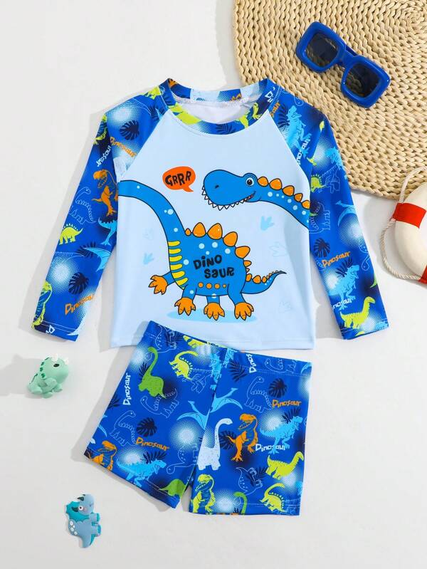 Traje de baño de manga larga con cuello redondo y estampado de dinosaurio lindo para niños pequeños