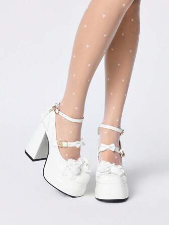 Kawaii Zapatos de tacón alto blancos para mujer, estilo de Mary Jane de punta cerrada con hebilla, plataforma impermeable, decoración con lazo para moda gótica y dulce tipo Lolita