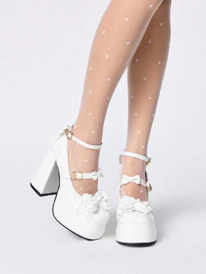 Kawaii Women's White High Heel Shoes, Closed Toe Mary Jane Style With Buckle Strap, Waterproof Platform, Lolita Gothic Sweet JK Fashion Bow Decor Pumps