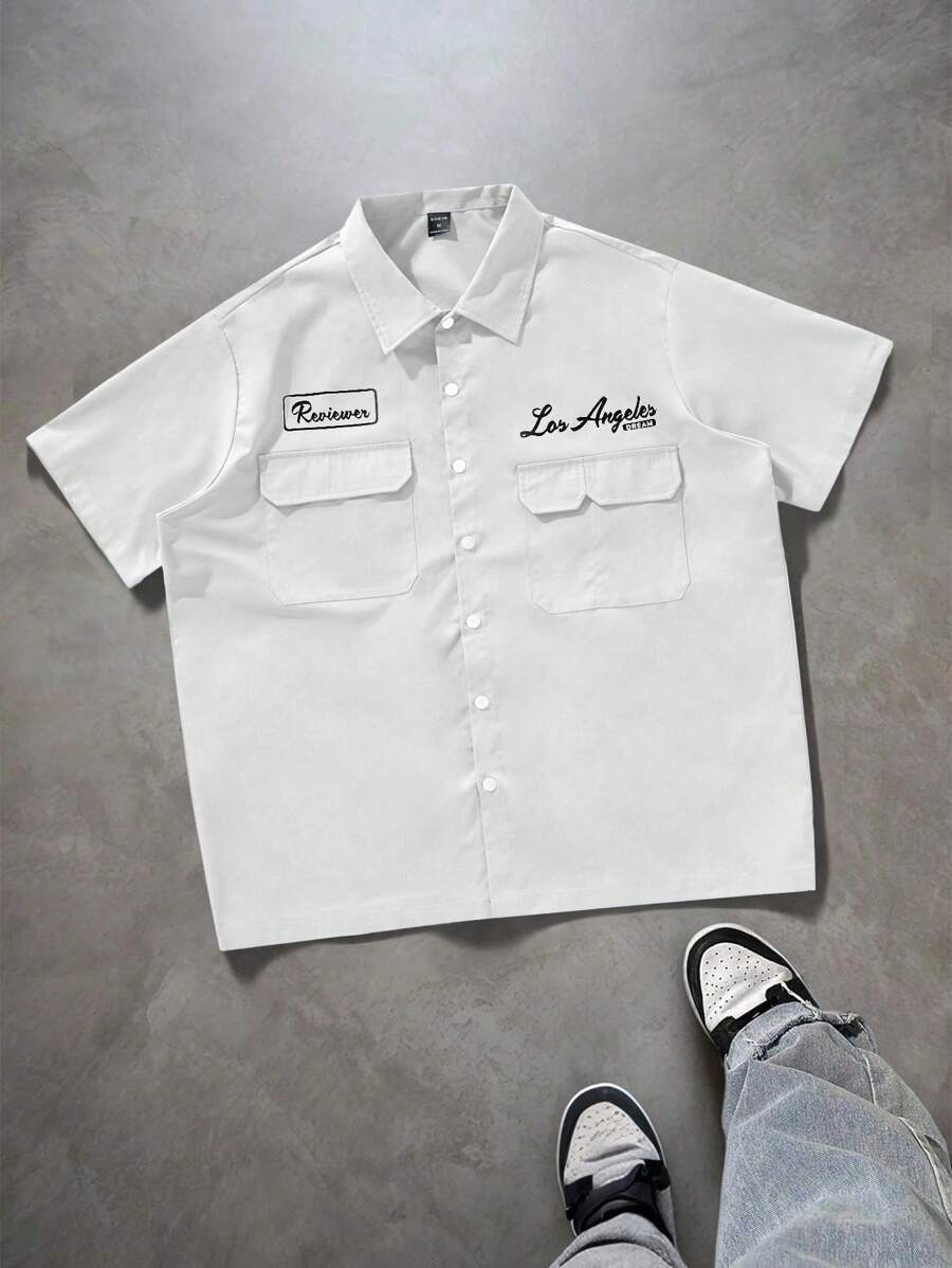 PAVTROS Manfinity Streetrush 男式宽松实用口袋设计休闲衬衫、蓝色纽扣短袖衬衫、多口袋休闲衬衫、Street Wear 宽松洛杉矶衬衫 - 白色 - 查看 1