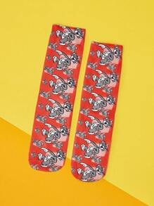 TOM & JERRY X SHEIN 1 Pair Cute Cartoon Cat Print Crew Socks, Comfortable