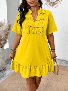 SHEIN Clasi 大码女式纯色休闲V领褶饰镂空连衣裙