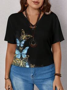 EMERY ROSE Kaos Wanita Ukuran Besar Longgar Motif Kupu-kupu Biru Kasual Minimalis untuk Liburan, Cocok untuk Pakaian Musim Panas Wanita, Motif Bunga/Musim Semi - MultiWarna - View 3