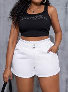 SHEIN PETITE CURVE Women Plus Size White Denim Roll-Up Hem Shorts Summer Summer For Women Vacation Women Cowgirl For Women Western Wear Women Business Casual Woman Festival Airport For Women Graduation Ibiza Beach Hawaii Women Concert For Women Cruise Women Boho Ruffle Shorts - White - View 3