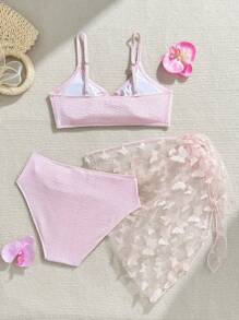 Set de 3 piezas Traje de baño elegante de 2 piezas liso para adolescentes con volantes en el borde